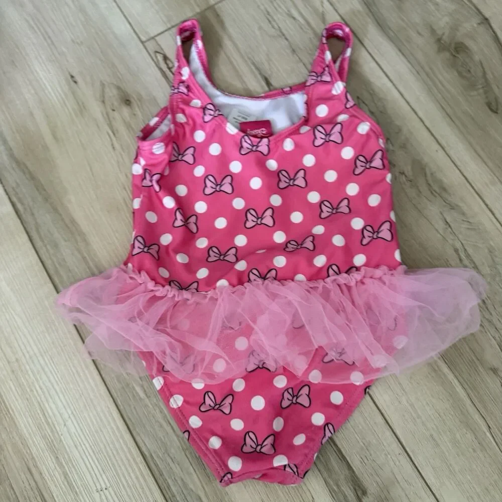 1 Pc MINNIE MOUSE Swimsuit by Disney, Pink/White Polka dot/Tulle Skirt Size 4T